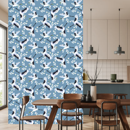 Wallpaper Flying Cranes Among Flowers
