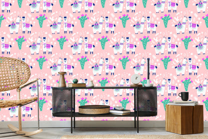 Wallpaper For Children - Happy Llamas, Cacti And Flowers
