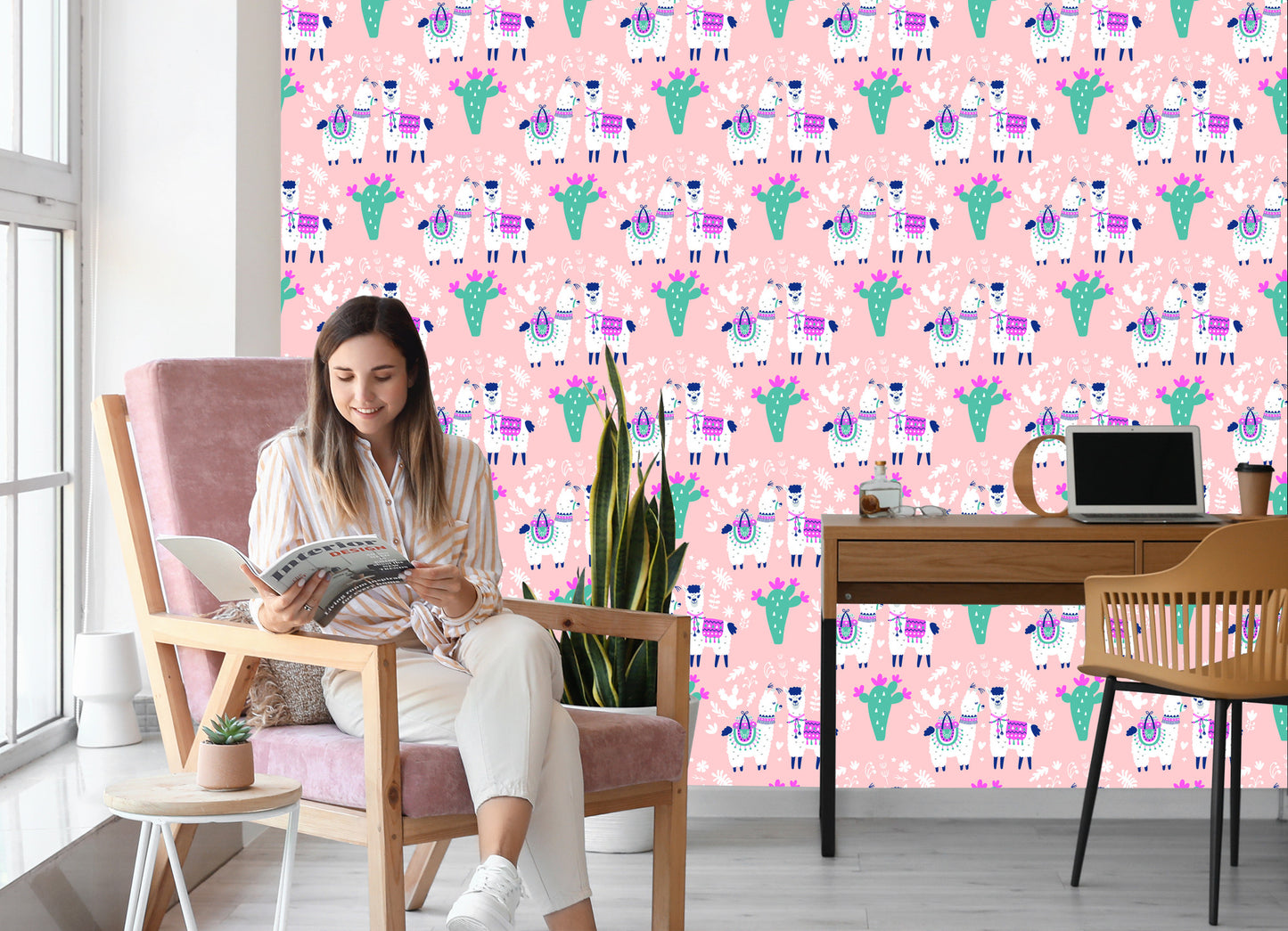 Wallpaper For Children - Happy Llamas, Cacti And Flowers