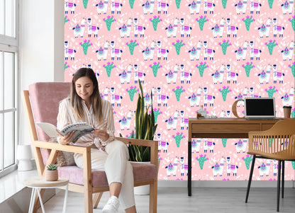 Wallpaper For Children - Happy Llamas, Cacti And Flowers