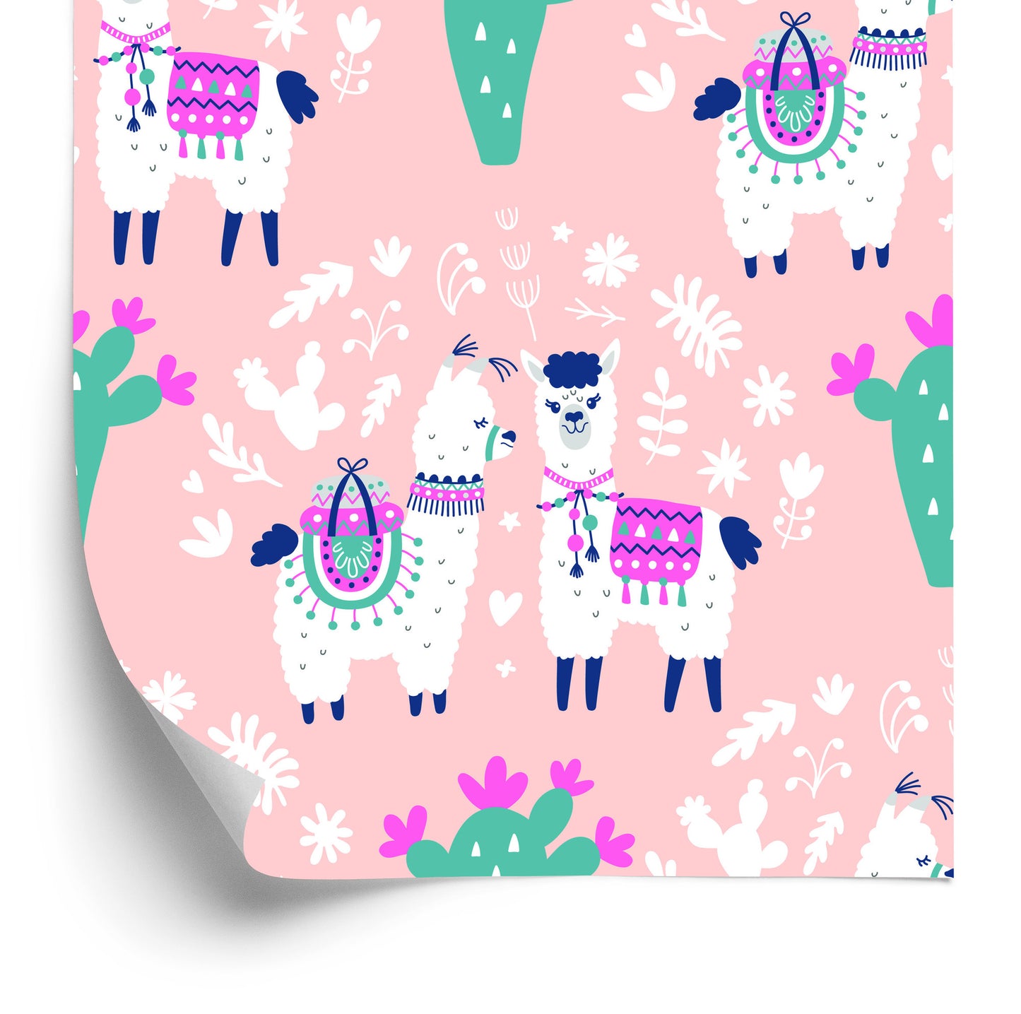 Wallpaper For Children - Happy Llamas, Cacti And Flowers