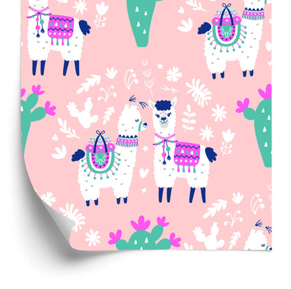 Wallpaper For Children - Happy Llamas, Cacti And Flowers