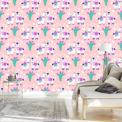 Wallpaper For Children - Happy Llamas, Cacti And Flowers
