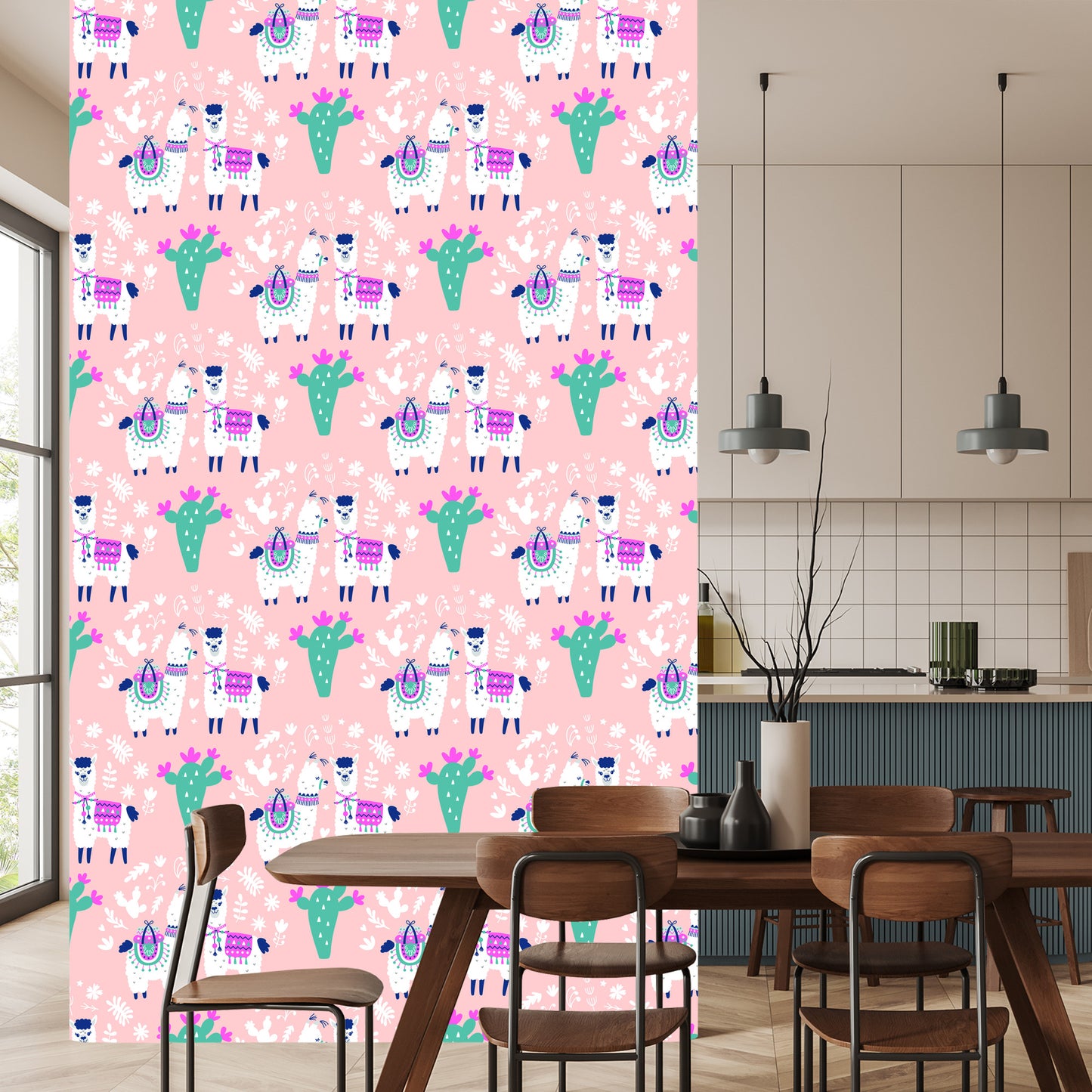 Wallpaper For Children - Happy Llamas, Cacti And Flowers