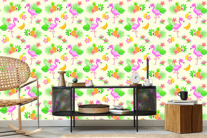Wallpaper For Children - Flamingos And Exotic Plants