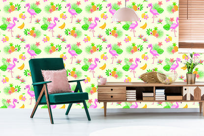 Wallpaper For Children - Flamingos And Exotic Plants