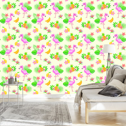 Wallpaper For Children - Flamingos And Exotic Plants