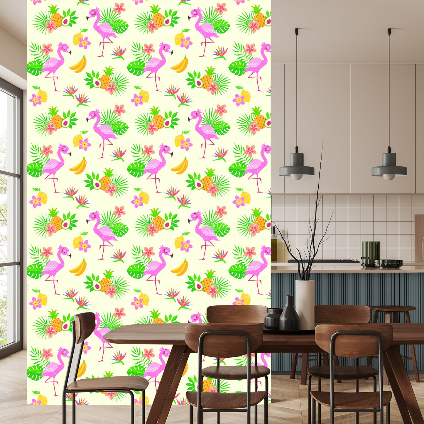 Wallpaper For Children - Flamingos And Exotic Plants