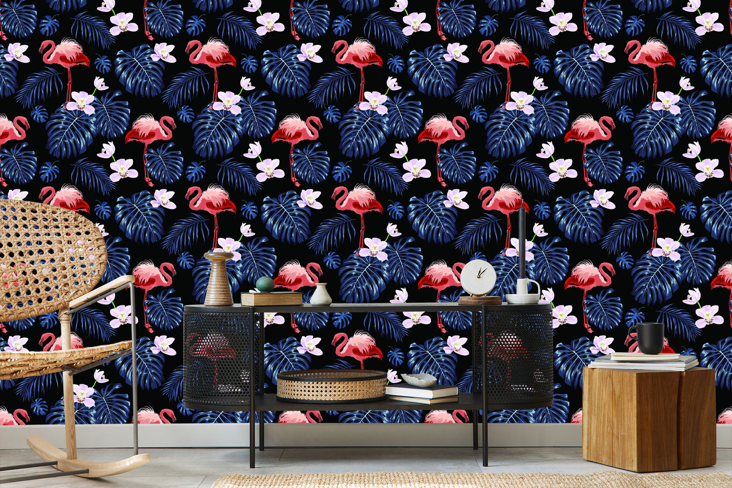 Wallpaper We Flamingos Leaves Flowers Nature For Living Room