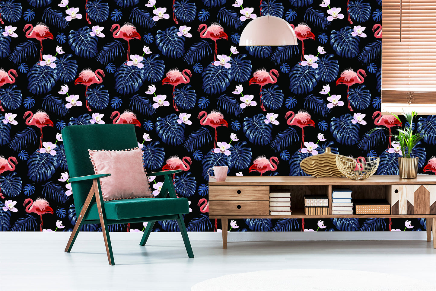 Wallpaper We Flamingos Leaves Flowers Nature For Living Room