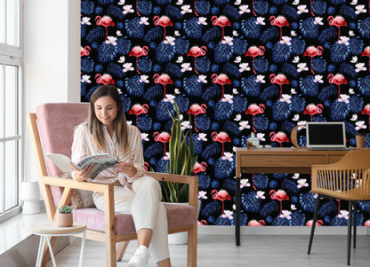 Wallpaper We Flamingos Leaves Flowers Nature For Living Room