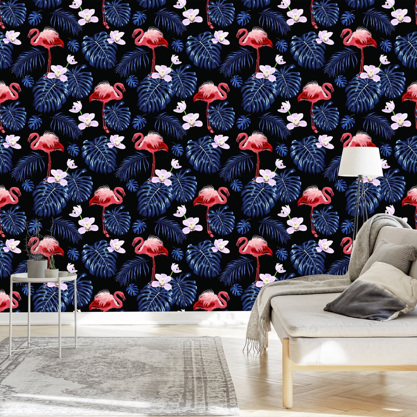 Wallpaper We Flamingos Leaves Flowers Nature For Living Room