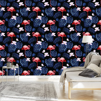 Wallpaper We Flamingos Leaves Flowers Nature For Living Room