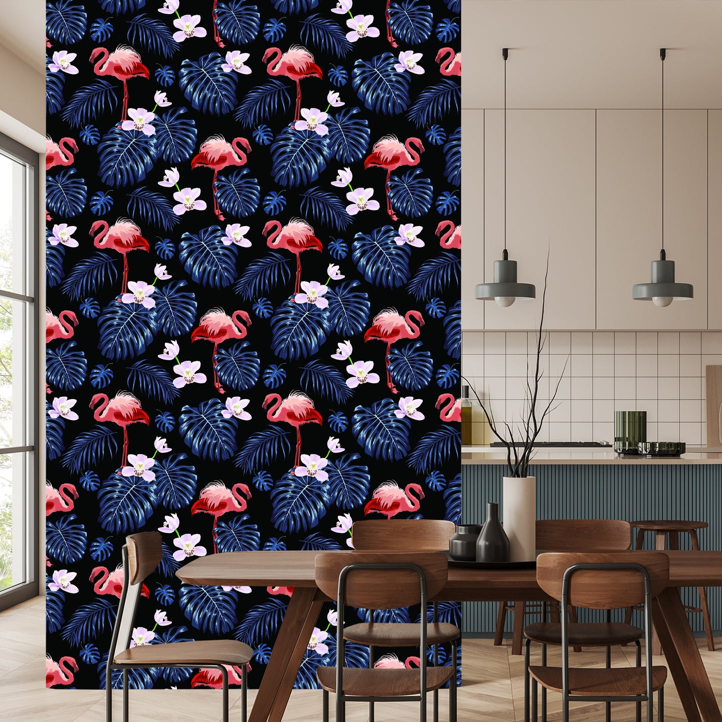 Wallpaper We Flamingos Leaves Flowers Nature For Living Room