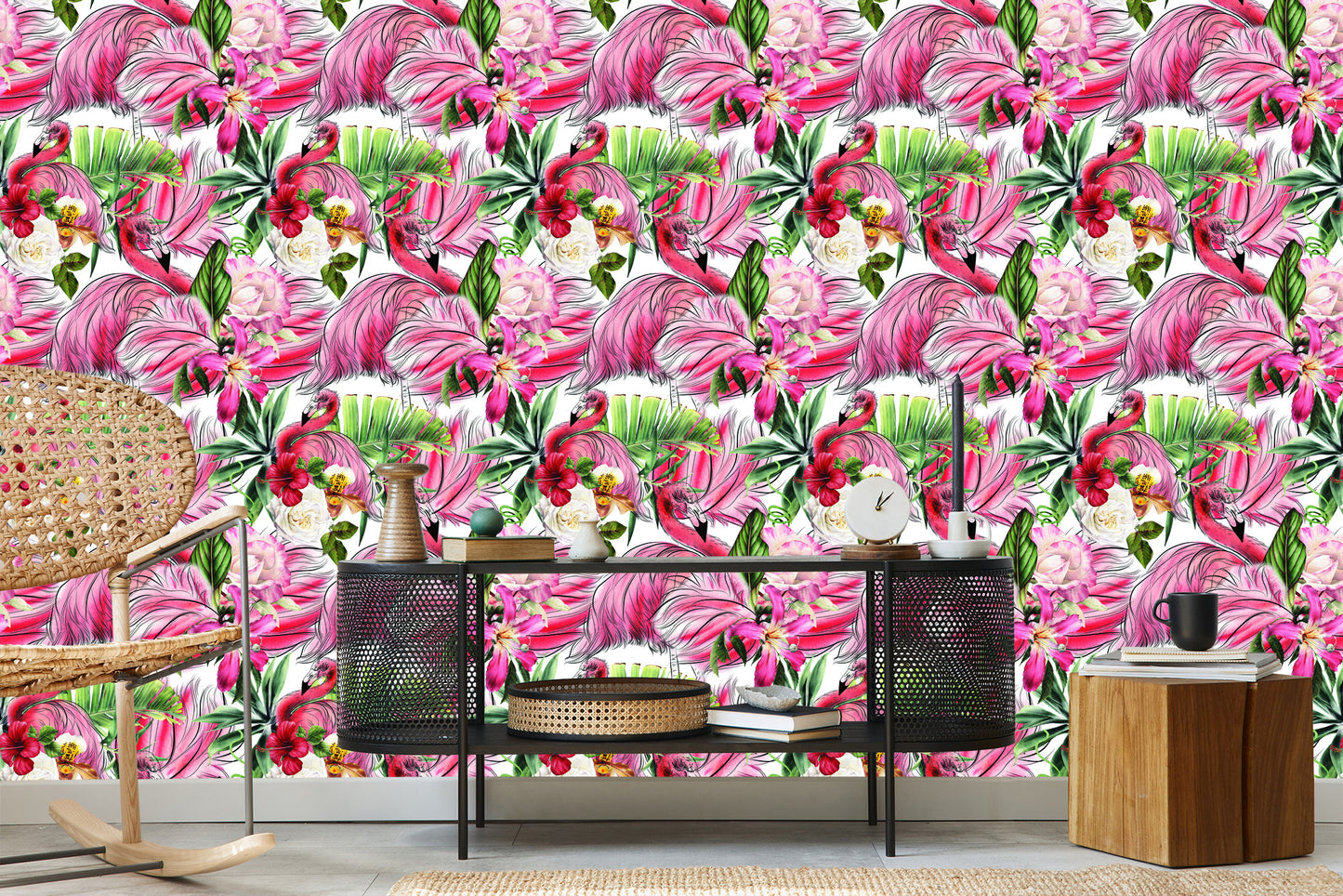 Wallpaper For Living Room, Flamingos, Roses, Flowers, Leaves