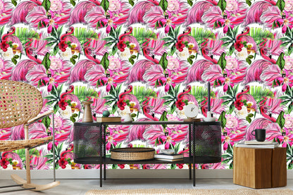 Wallpaper For Living Room, Flamingos, Roses, Flowers, Leaves