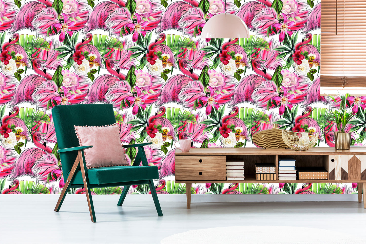 Wallpaper For Living Room, Flamingos, Roses, Flowers, Leaves