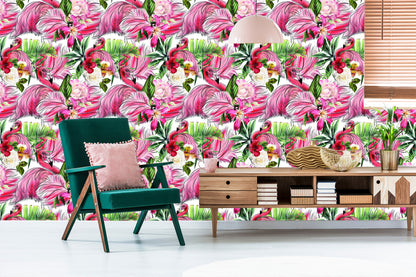 Wallpaper For Living Room, Flamingos, Roses, Flowers, Leaves