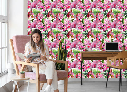 Wallpaper For Living Room, Flamingos, Roses, Flowers, Leaves