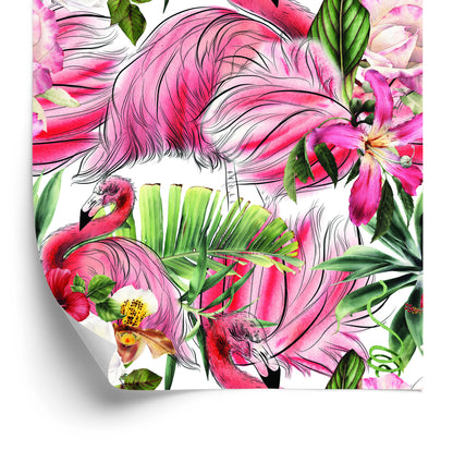 Wallpaper For Living Room, Flamingos, Roses, Flowers, Leaves