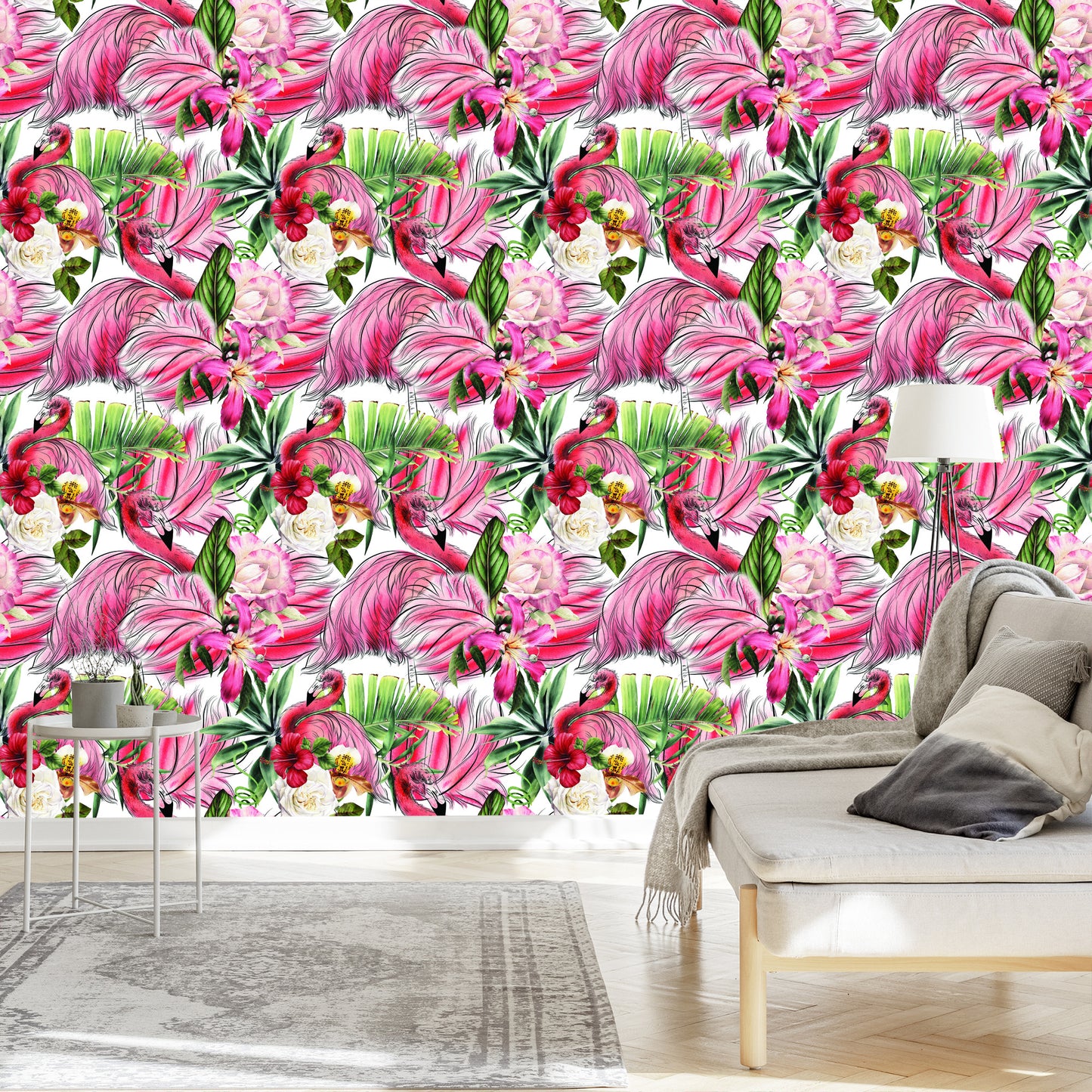Wallpaper For Living Room, Flamingos, Roses, Flowers, Leaves