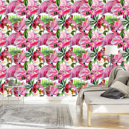 Wallpaper For Living Room, Flamingos, Roses, Flowers, Leaves