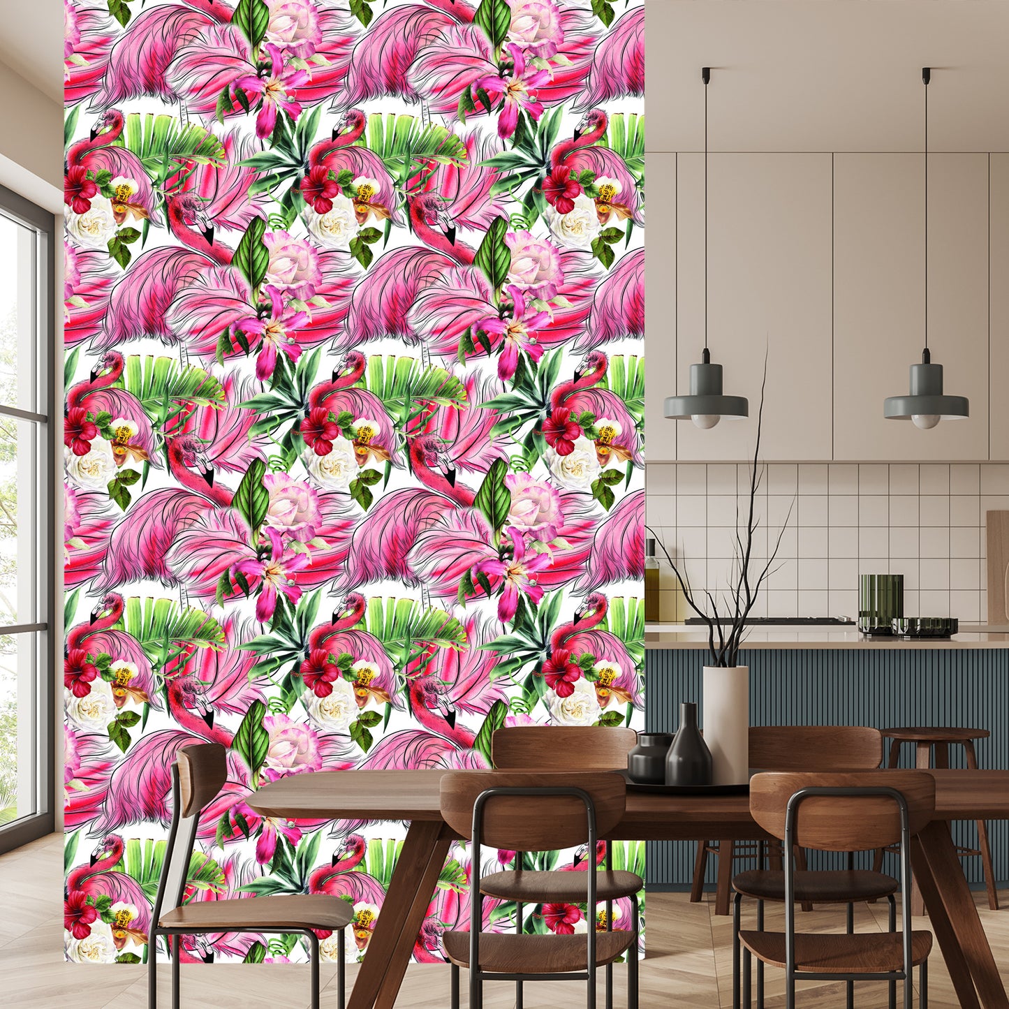 Wallpaper For Living Room, Flamingos, Roses, Flowers, Leaves