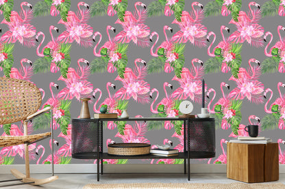Wallpaper Flamingos. Birds. Green Leaves