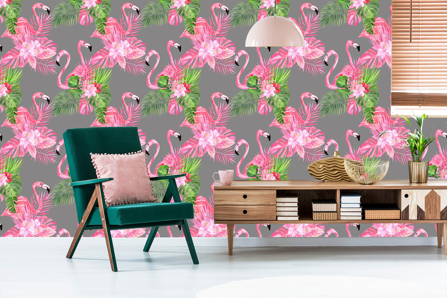 Wallpaper Flamingos. Birds. Green Leaves