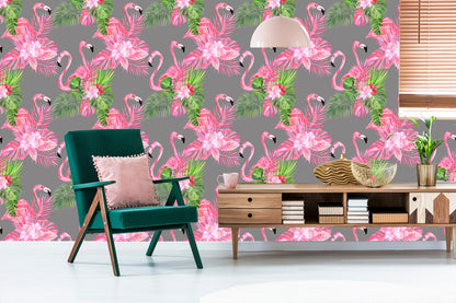 Wallpaper Flamingos. Birds. Green Leaves