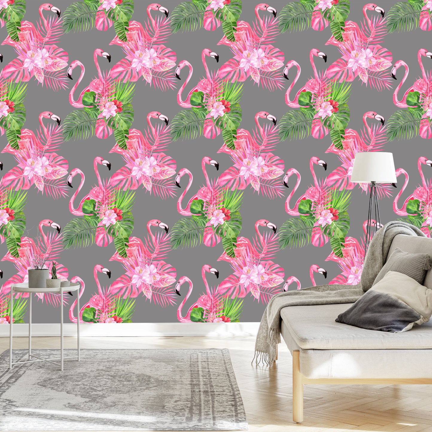 Wallpaper Flamingos. Birds. Green Leaves