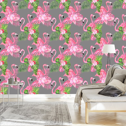 Wallpaper Flamingos. Birds. Green Leaves