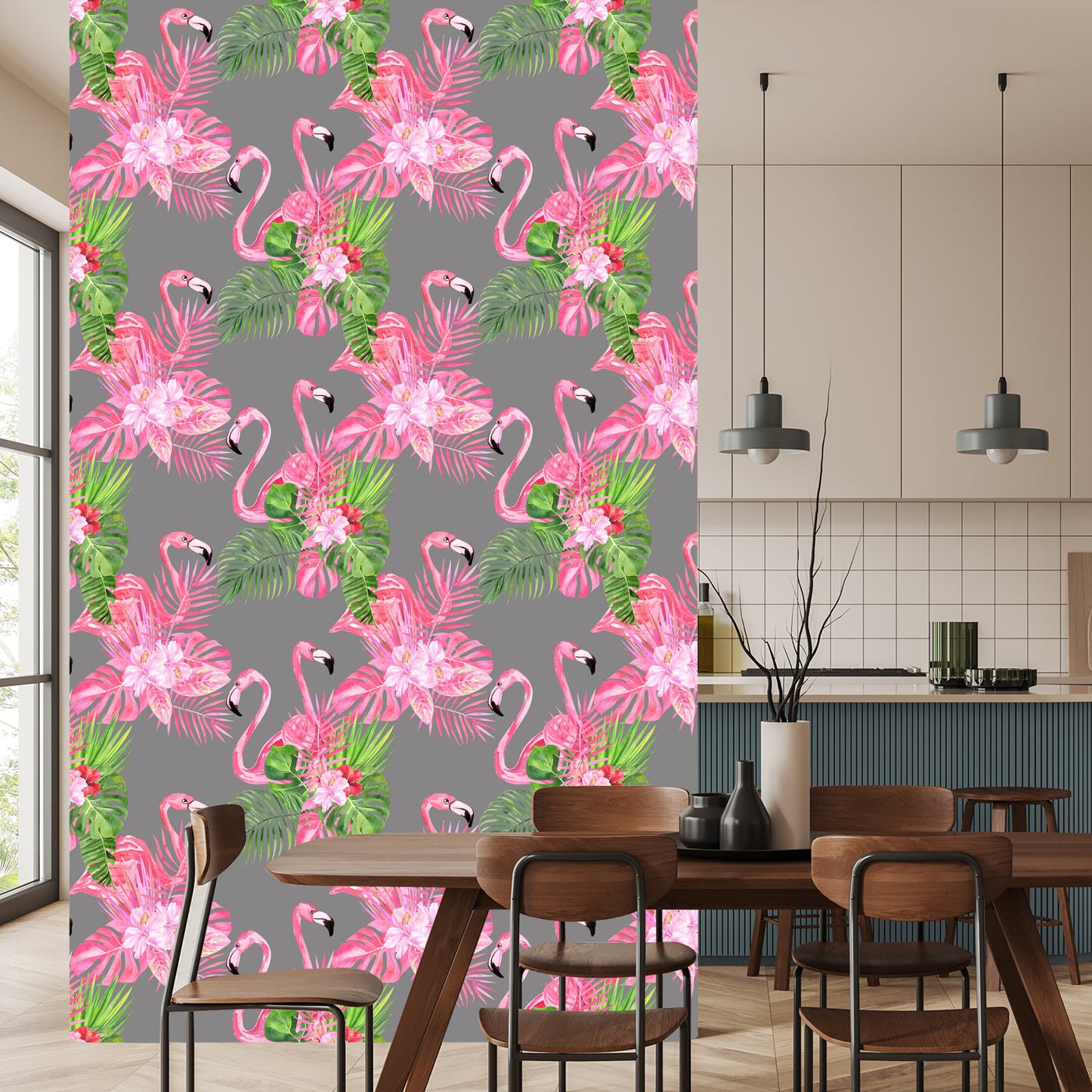 Wallpaper Flamingos. Birds. Green Leaves