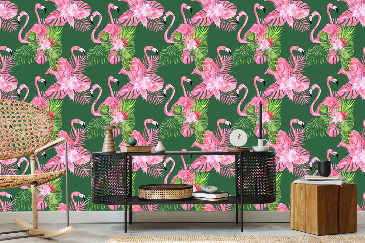 Wallpaper Flamingos, Birds, Flowers, Green