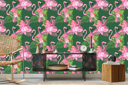 Wallpaper Flamingos, Birds, Flowers, Green