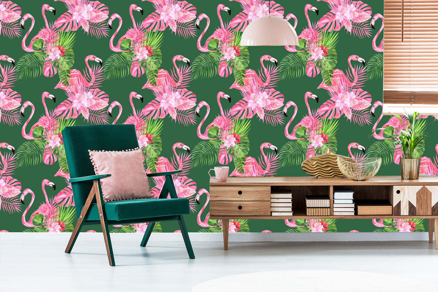 Wallpaper Flamingos, Birds, Flowers, Green