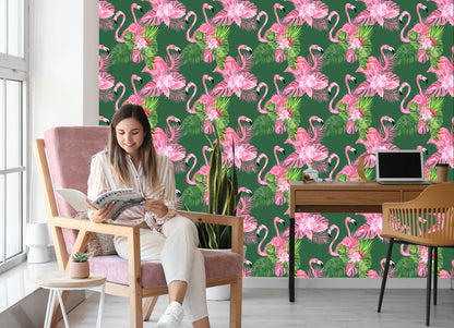 Wallpaper Flamingos, Birds, Flowers, Green