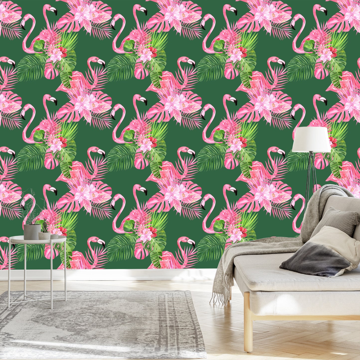 Wallpaper Flamingos, Birds, Flowers, Green