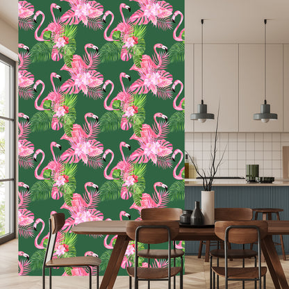 Wallpaper Flamingos, Birds, Flowers, Green