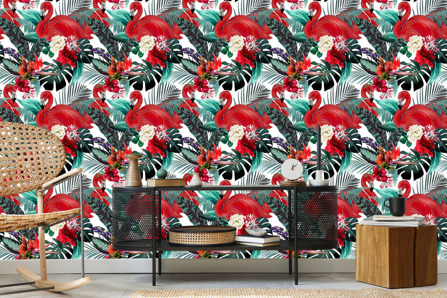 Wallpaper Flowers, Plants, Flamingos For The Living Room