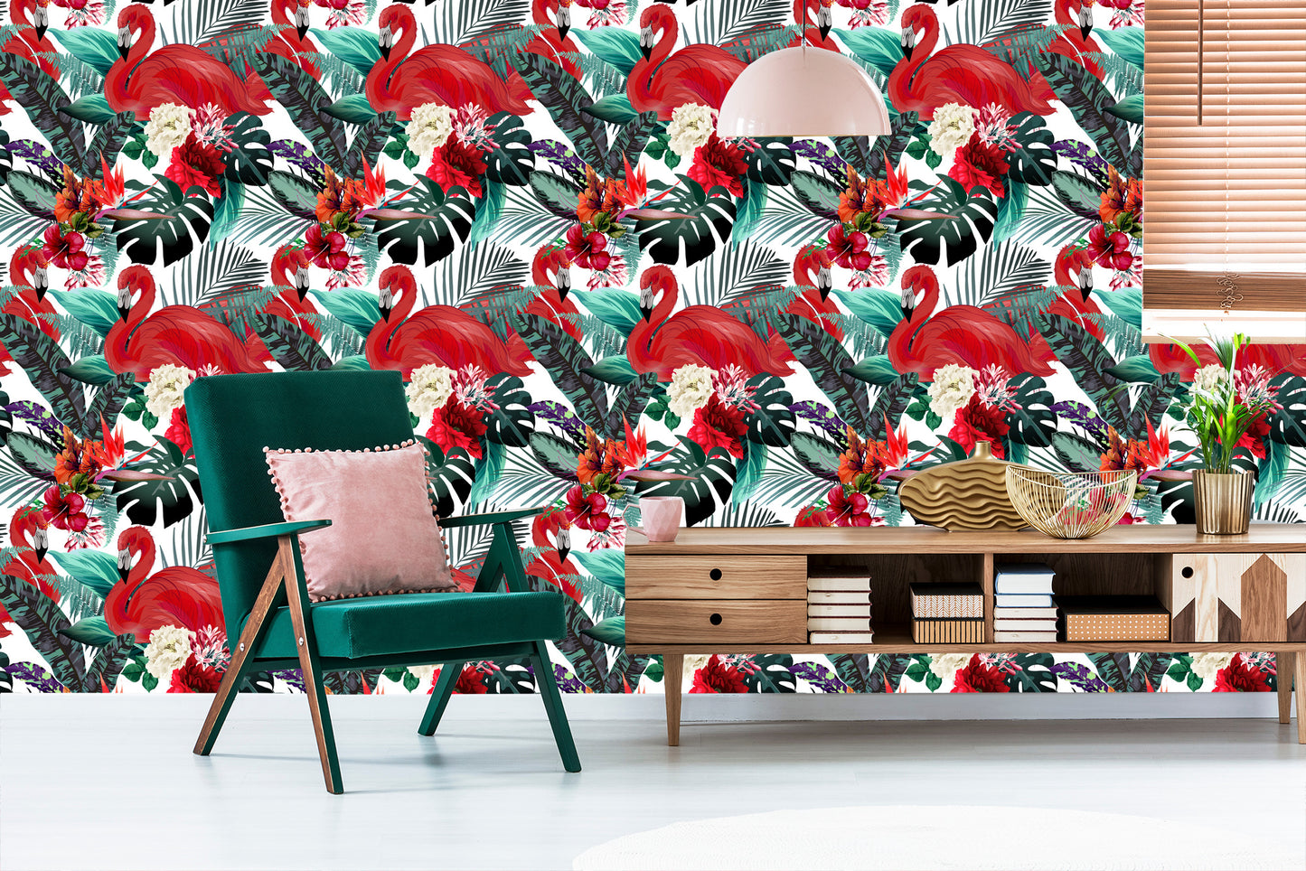 Wallpaper Flowers, Plants, Flamingos For The Living Room