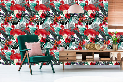 Wallpaper Flowers, Plants, Flamingos For The Living Room