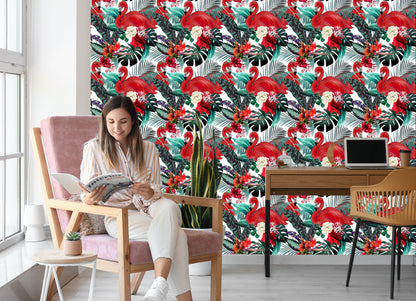 Wallpaper Flowers, Plants, Flamingos For The Living Room