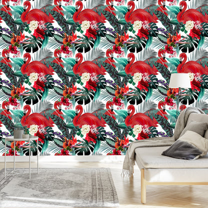 Wallpaper Flowers, Plants, Flamingos For The Living Room