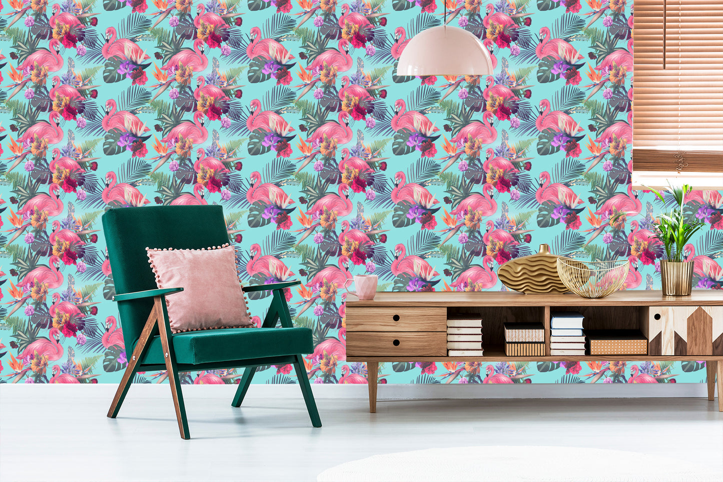 Wallpaper Flamingos. Flowers. Leaves. Nature. Bedroom