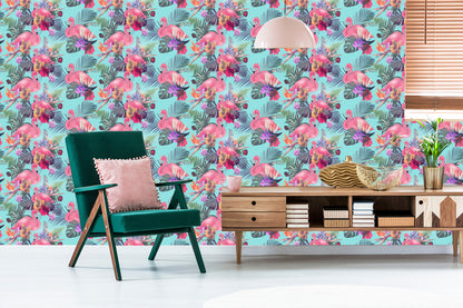 Wallpaper Flamingos. Flowers. Leaves. Nature. Bedroom