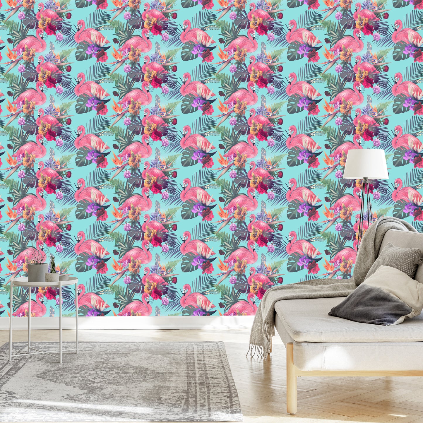 Wallpaper Flamingos. Flowers. Leaves. Nature. Bedroom