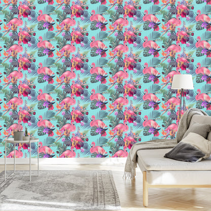 Wallpaper Flamingos. Flowers. Leaves. Nature. Bedroom
