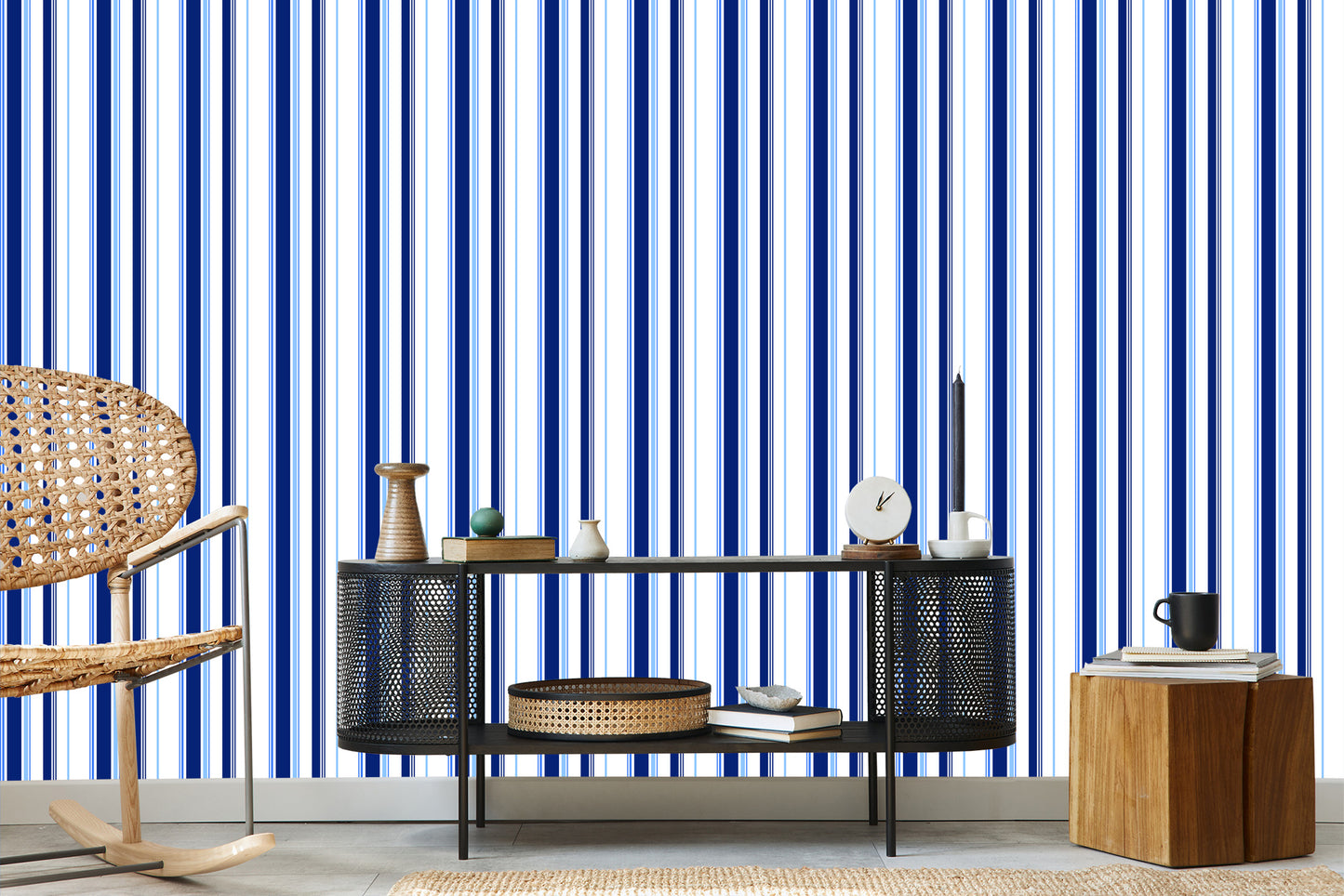 Wallpaper Blue - White Vertical Stripes