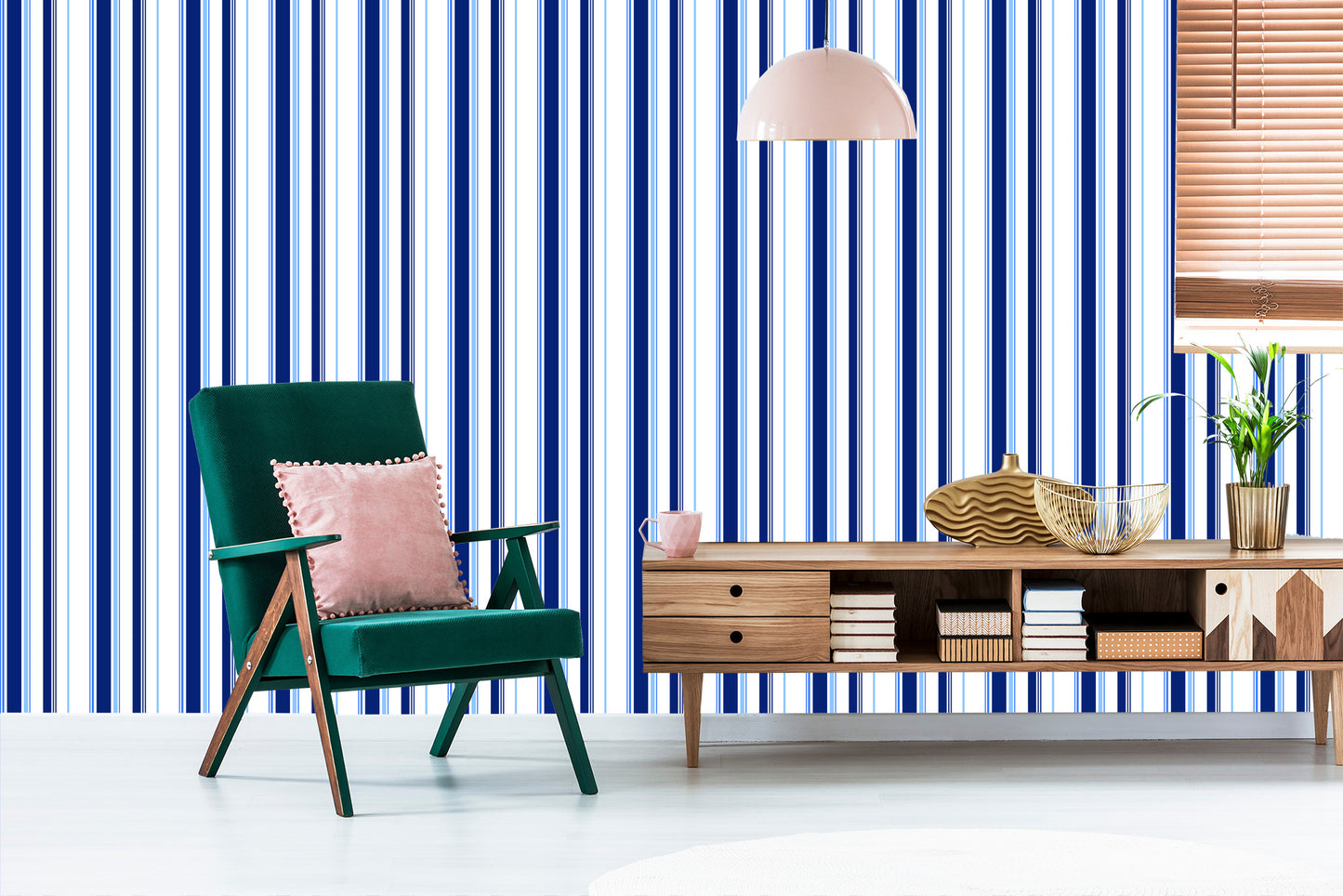Wallpaper Blue - White Vertical Stripes